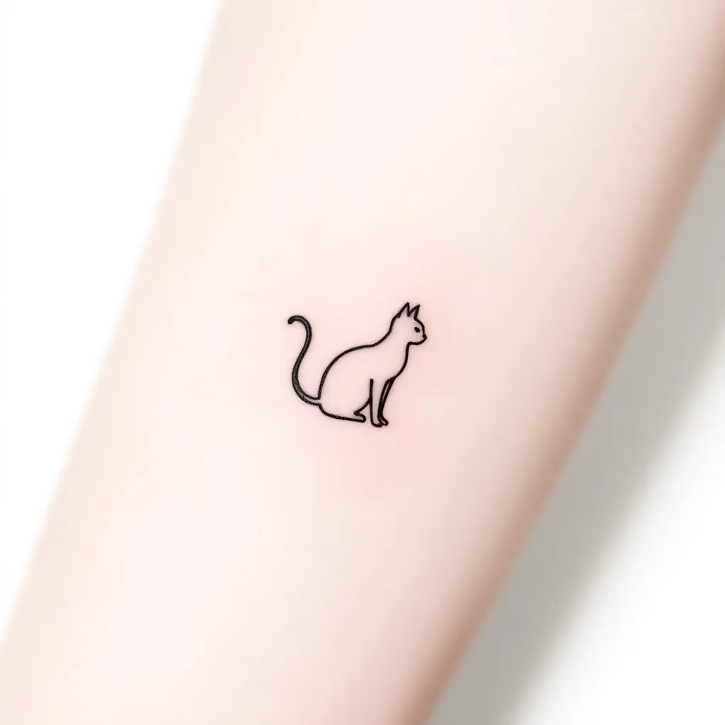 minimalist small cat tattoo design with elegant single line silhouette