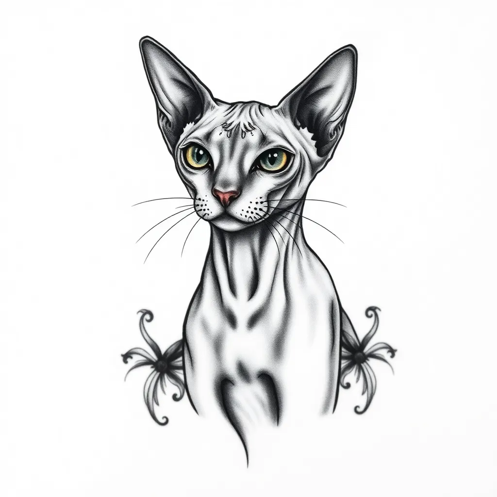 sphynx hairless cat tattoo design with detailed fine line portrait
