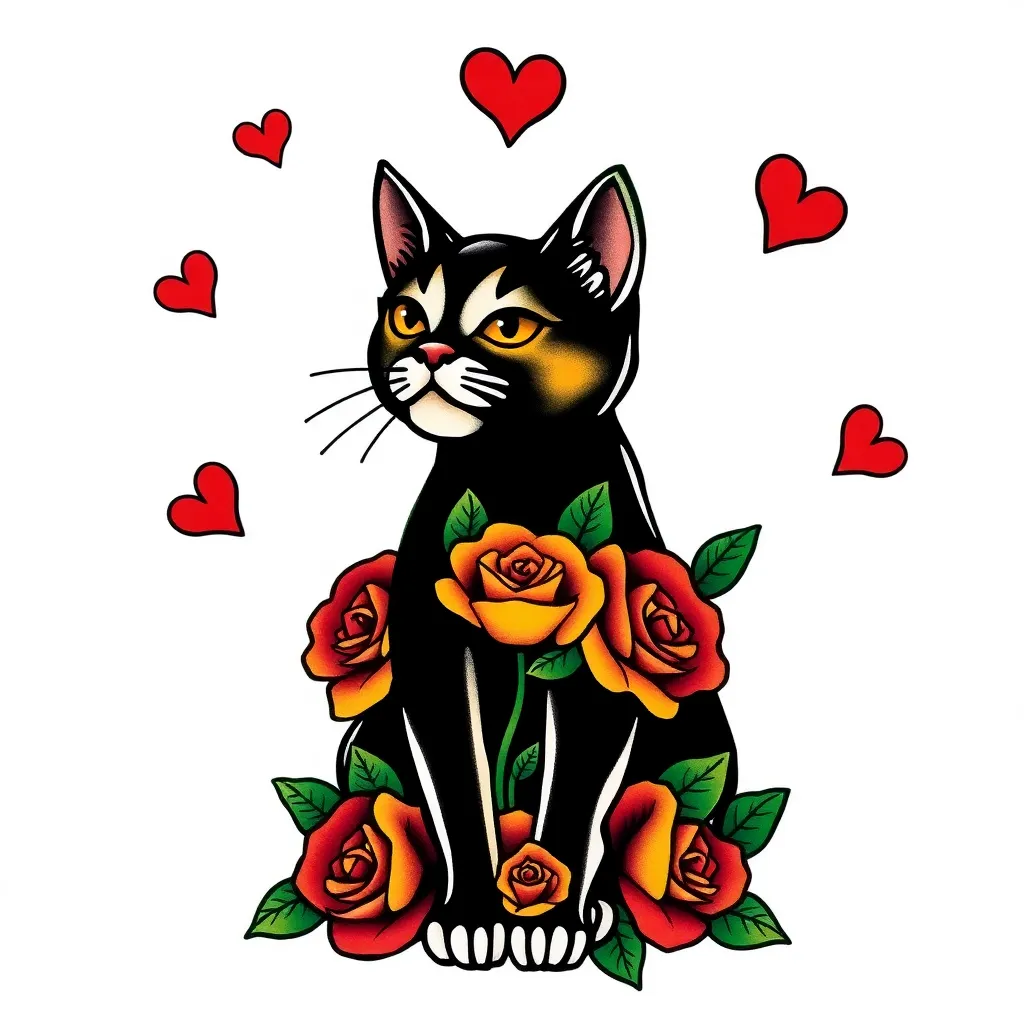 traditional American style cat tattoo with bold outlines and classic colors