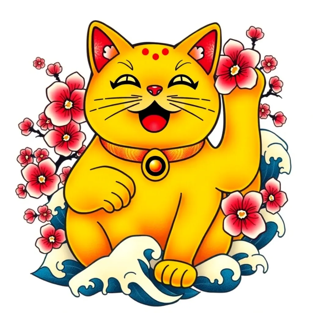 Japanese maneki neko lucky cat tattoo design with cherry blossoms