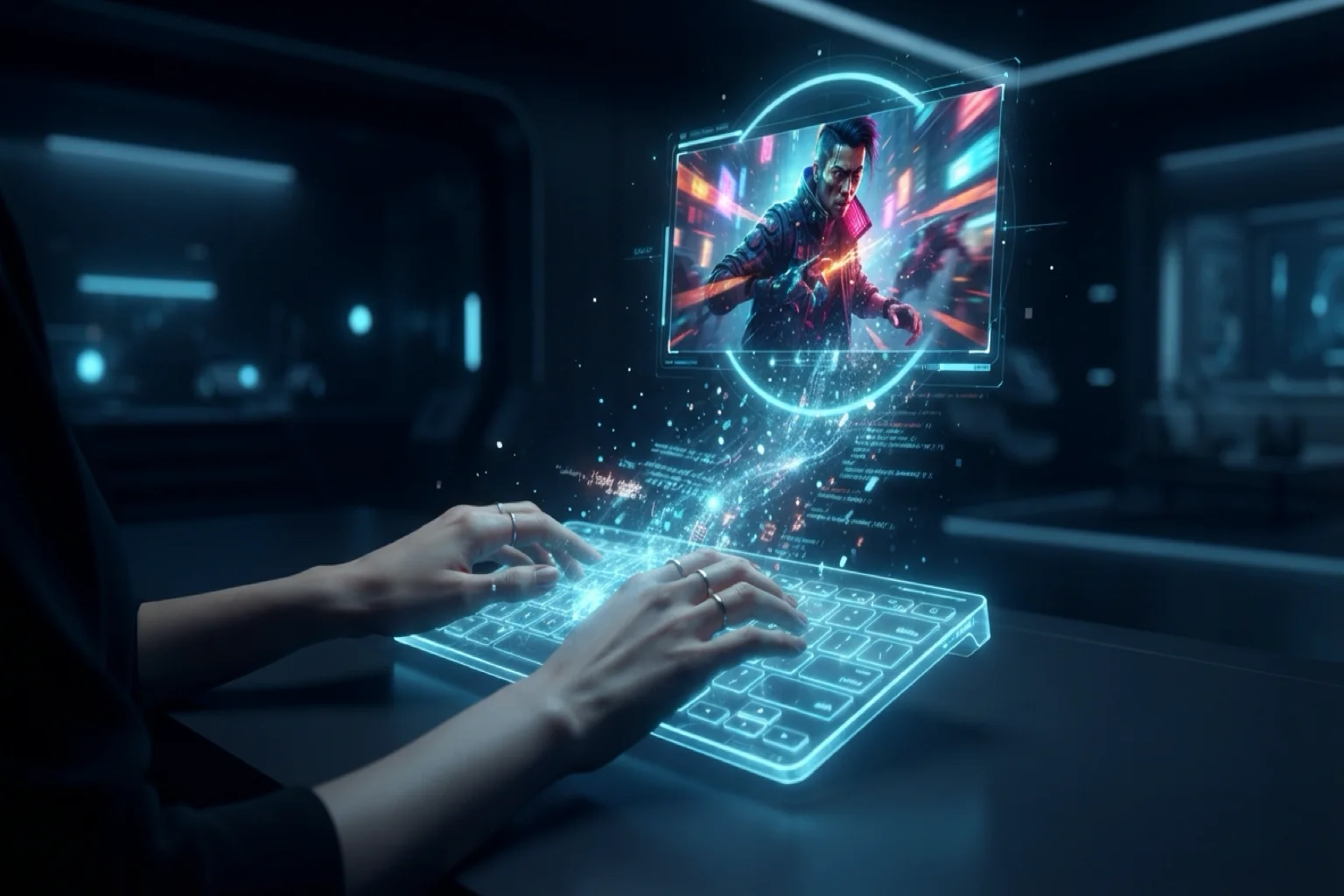 H3 Video step 1 — type your prompt on a holographic keyboard, text flowing into a video frame