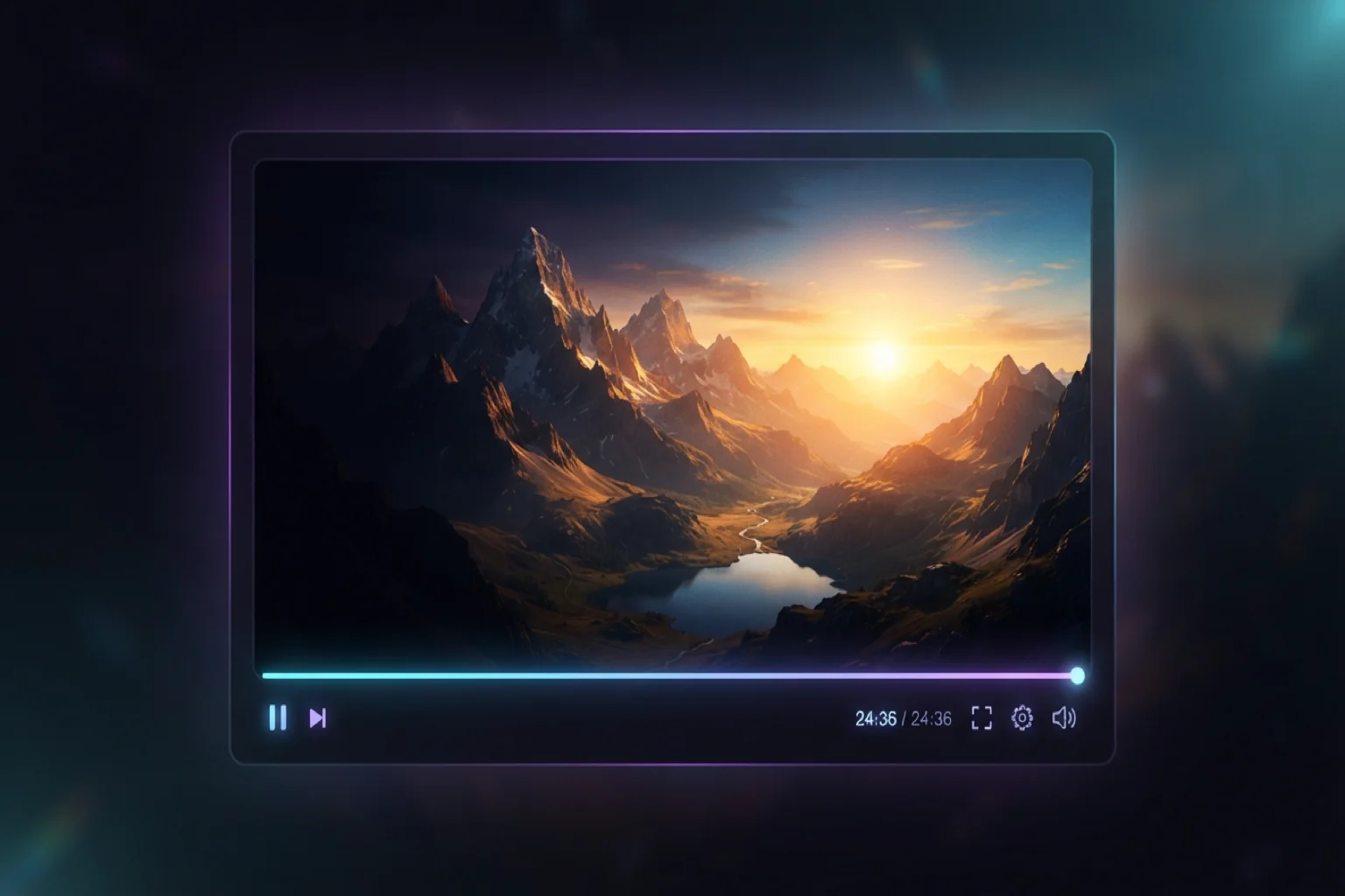 H3 Video step 3 — video player with glowing progress bar revealing a cinematic AI-generated mountain scene