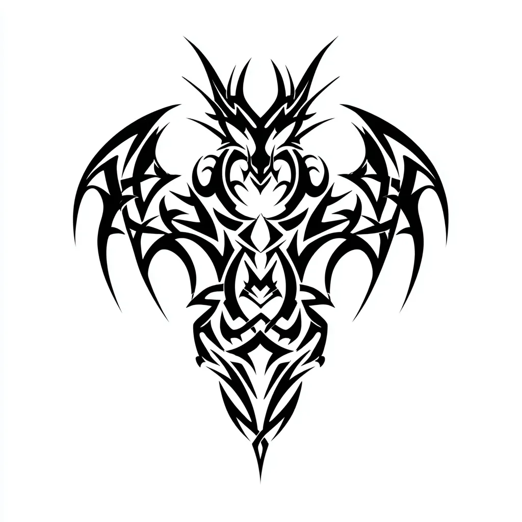 Tribal dragon tattoo with blackwork geometry and sharp curves