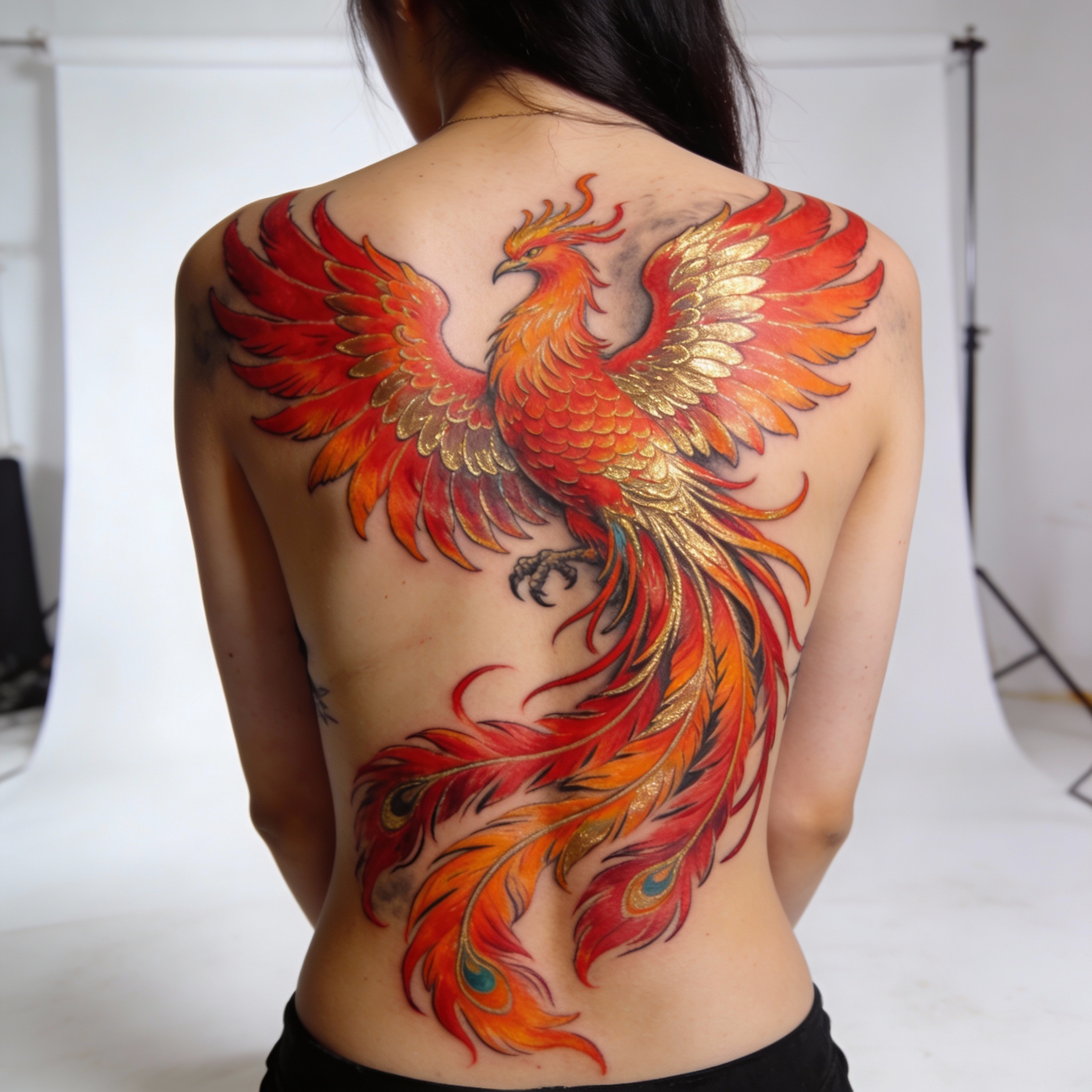 Colorful full back phoenix tattoo with vibrant red orange gold feathers