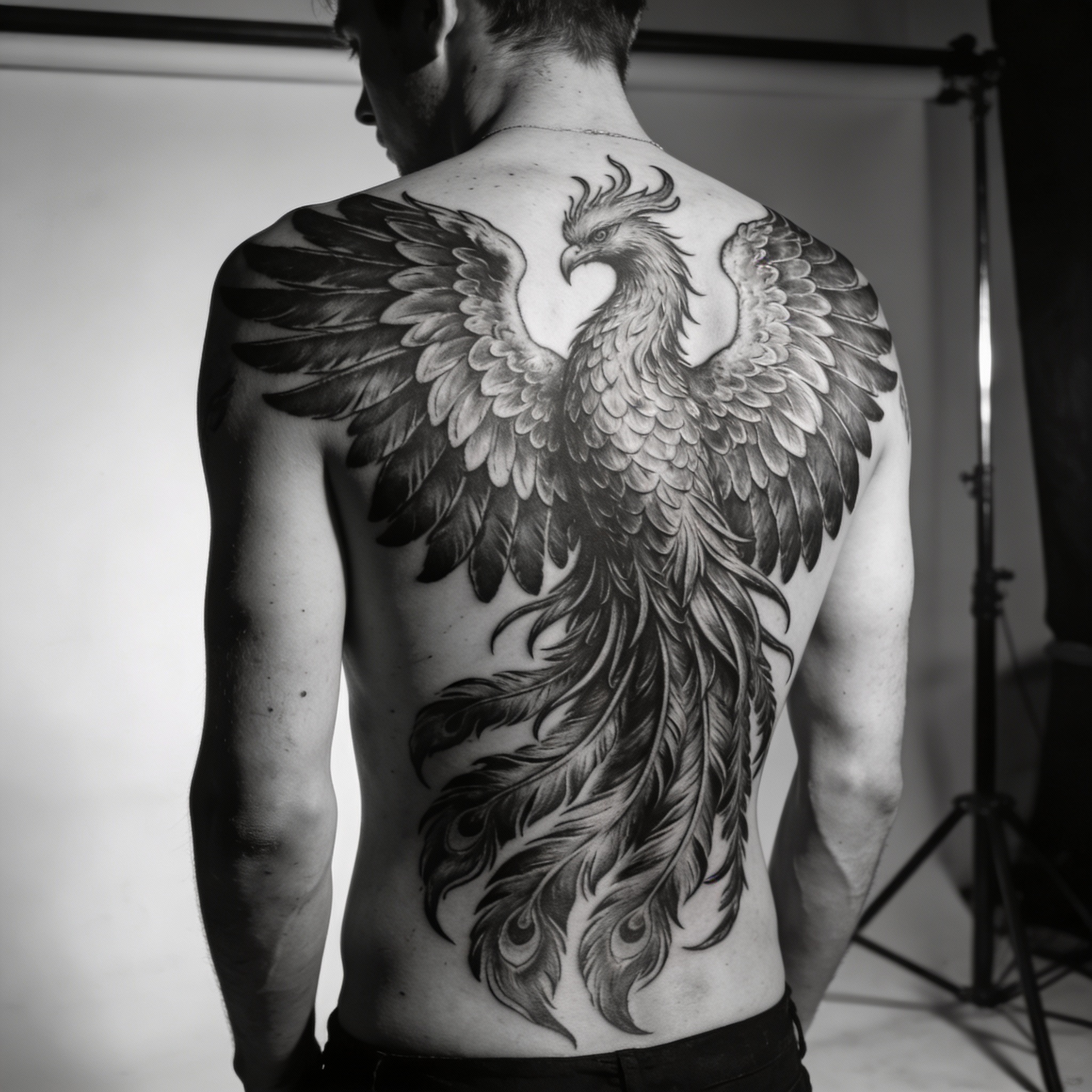 Black and grey phoenix back tattoo with realistic shading