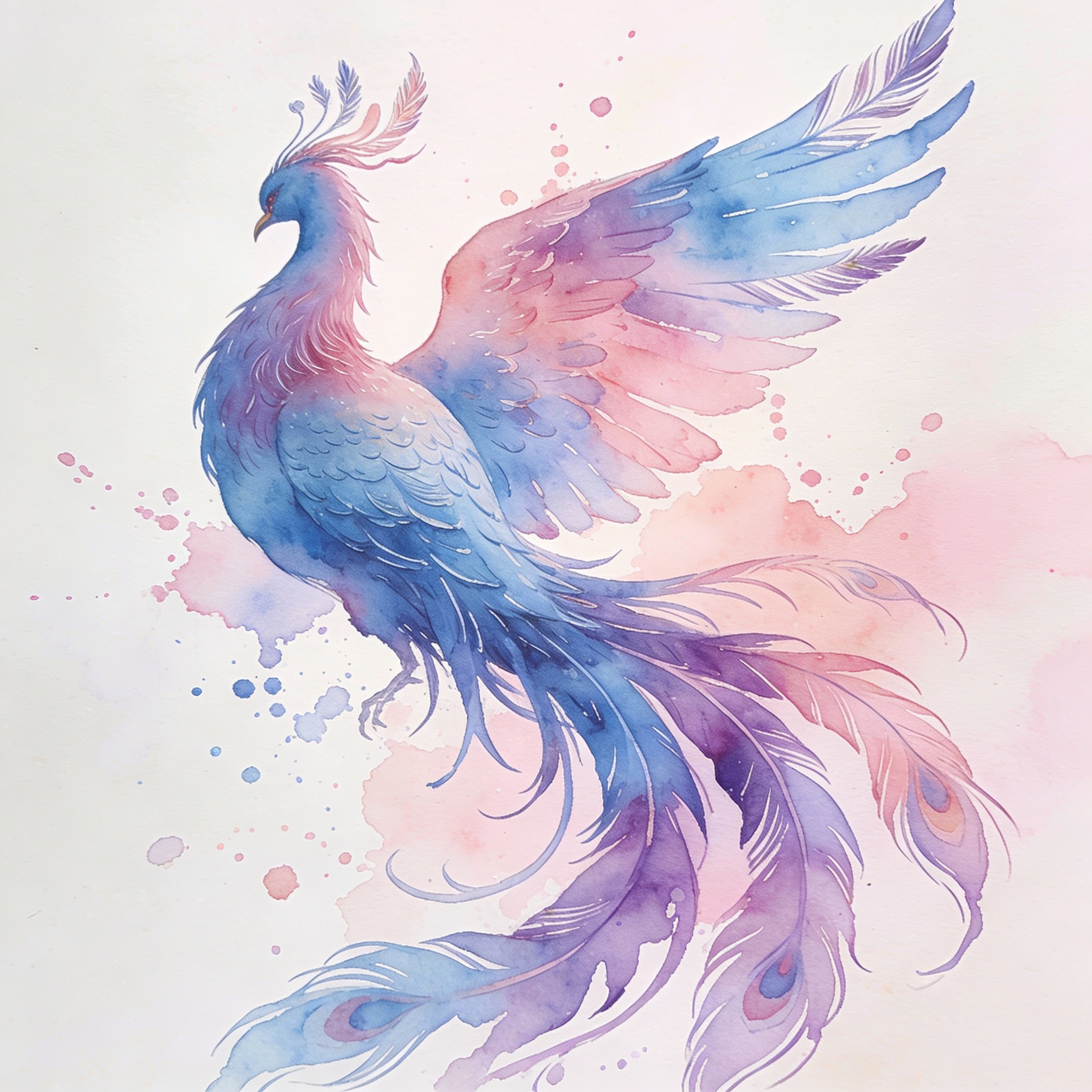 Watercolor phoenix back tattoo with soft pastel colors