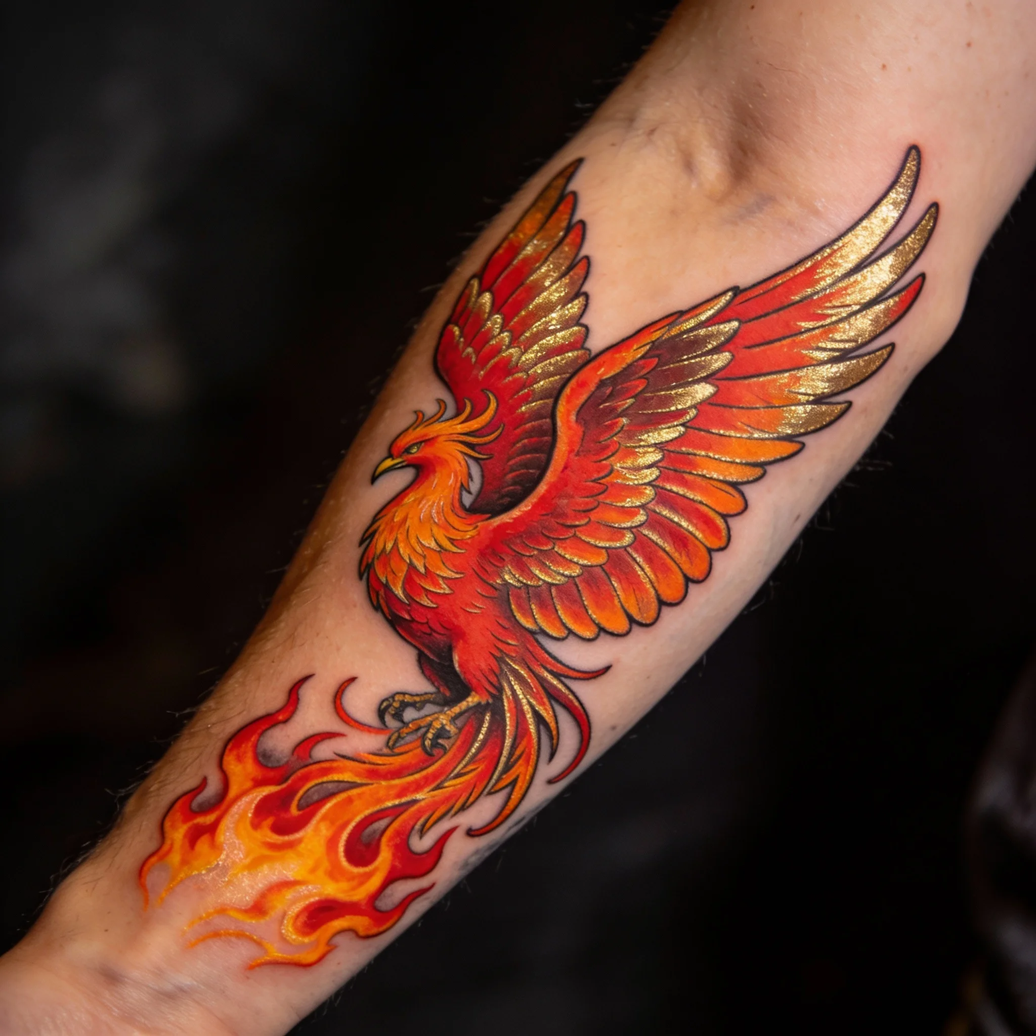 Traditional phoenix rising tattoo with vibrant red orange gold feathers and flames