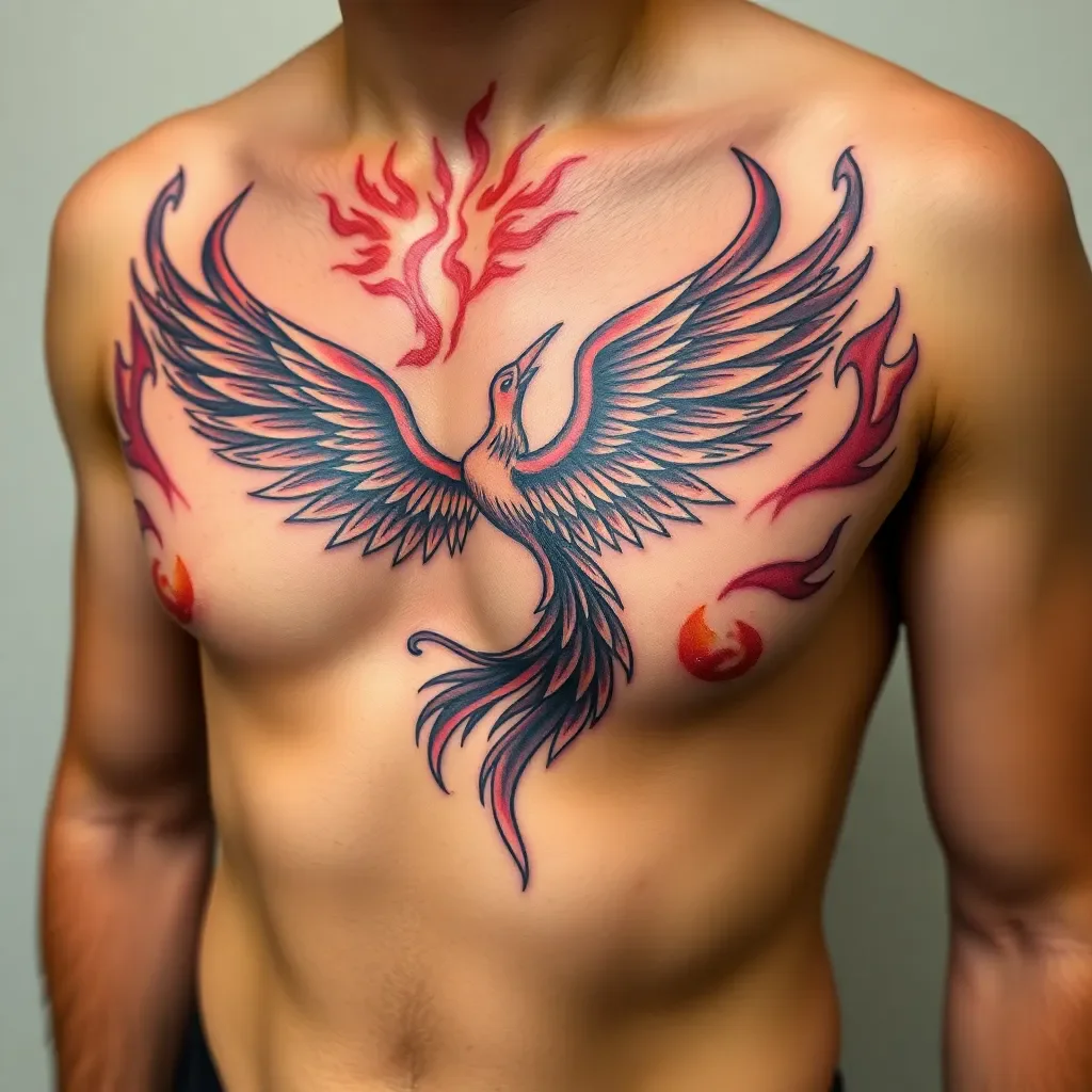 Phoenix rising tattoo on chest and ribcage