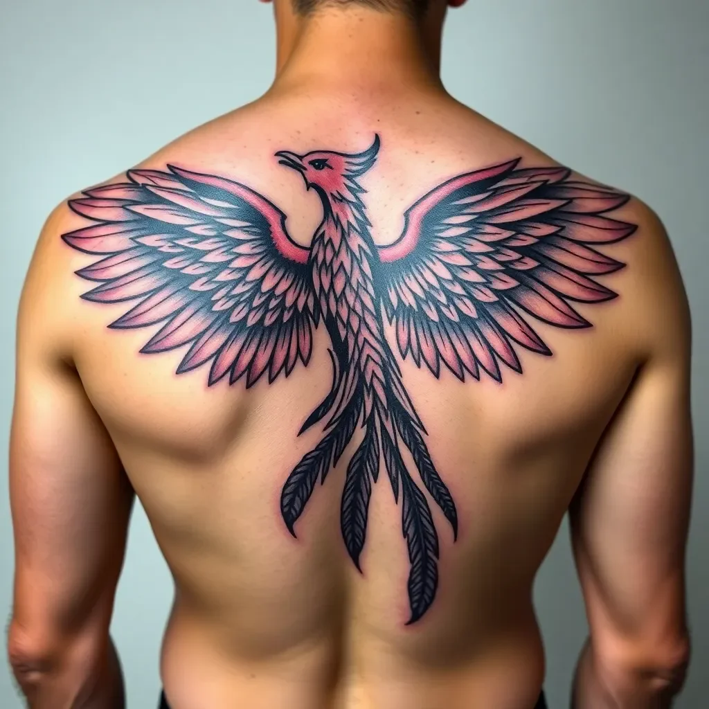 Phoenix rising tattoo on back and shoulders