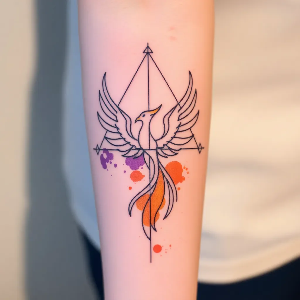 Abstract geometric phoenix tattoo with minimalist lines and watercolor accents