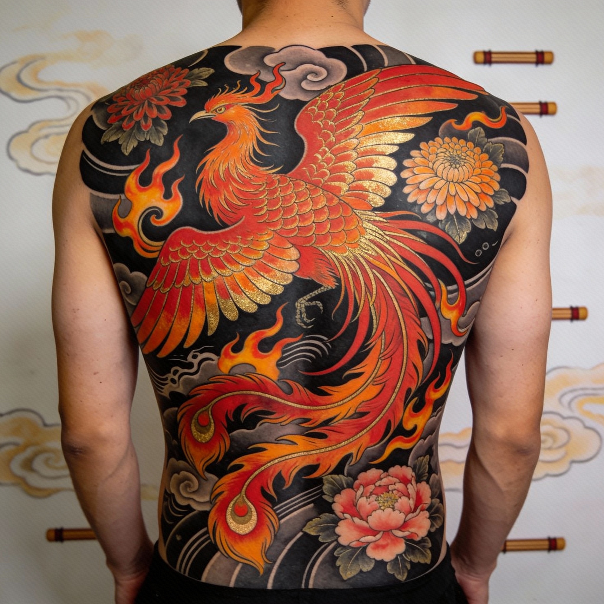 Traditional Japanese irezumi phoenix tattoo with bold outlines and vibrant colors