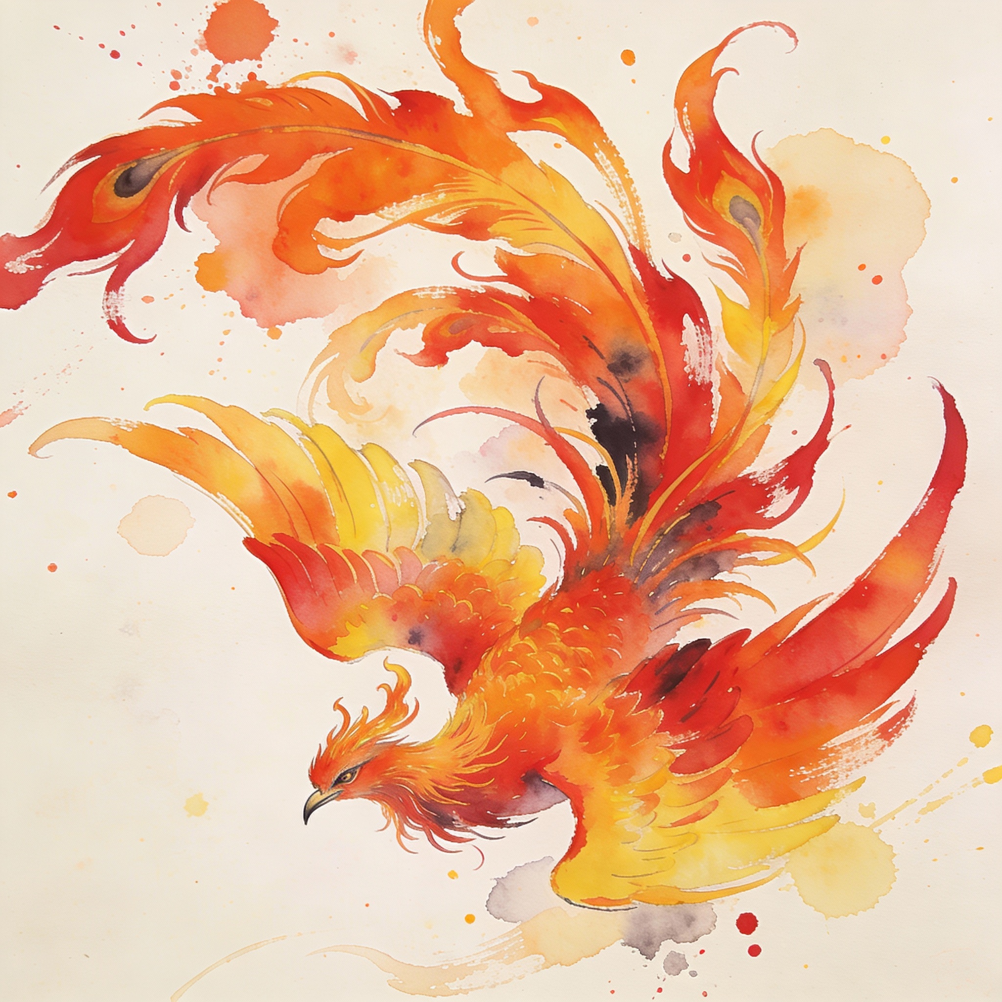 Japanese phoenix watercolor tattoo with vibrant splashes of color