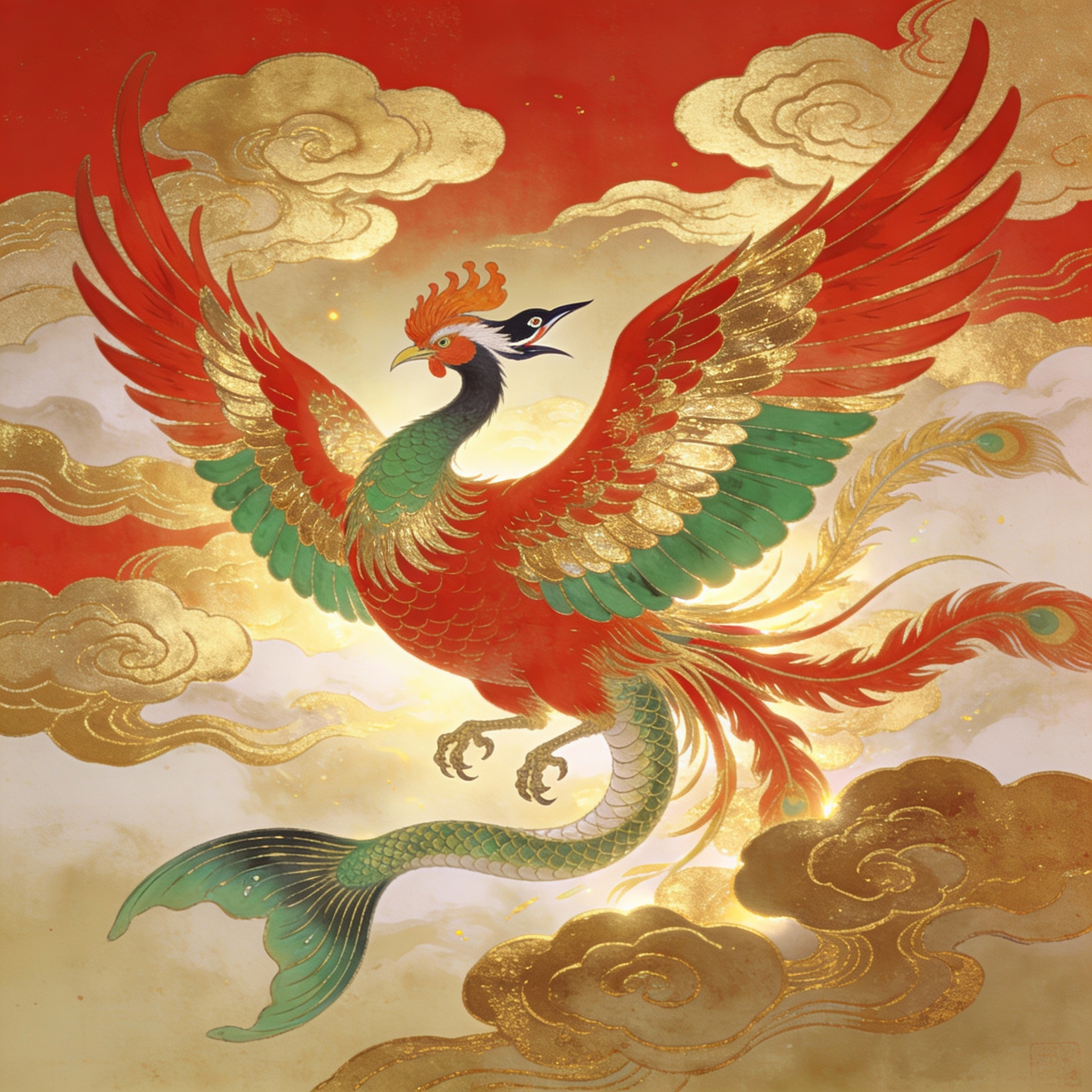 Japanese Hō-ō phoenix mythological illustration with celestial features
