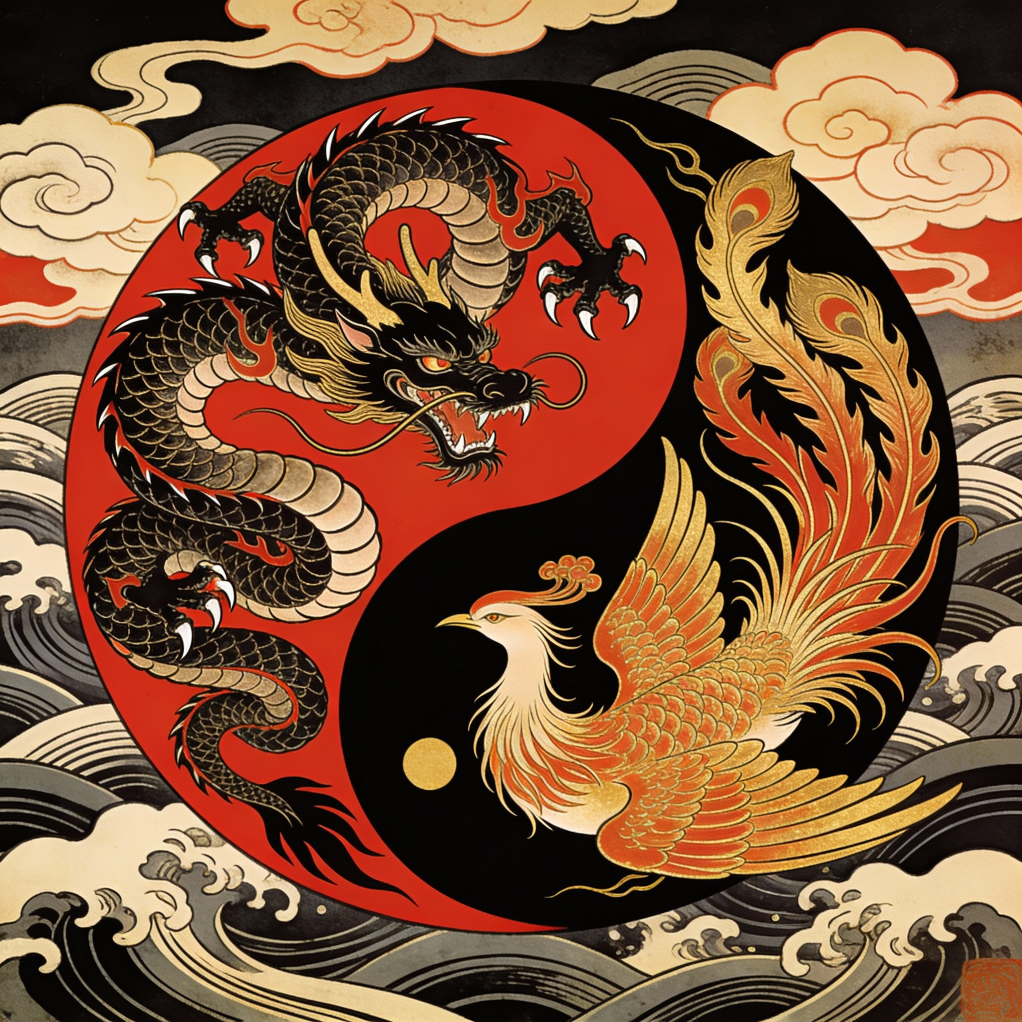 Japanese dragon and phoenix tattoo design showing yin yang balance