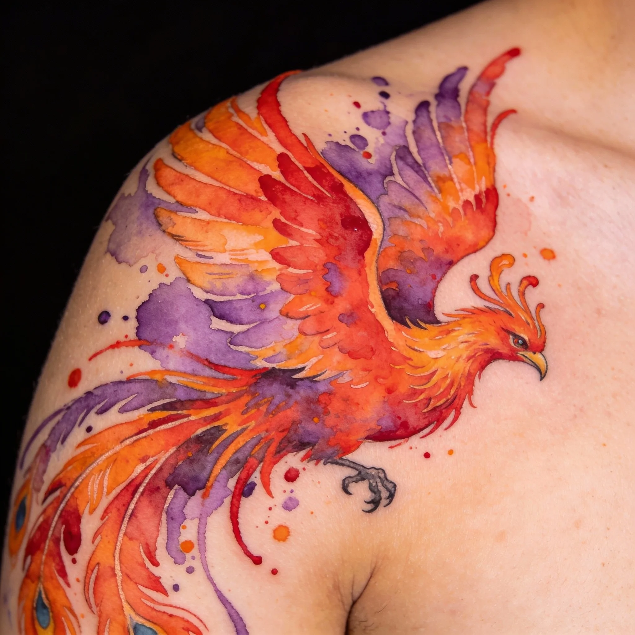 Watercolor phoenix tattoo with vibrant splash colors