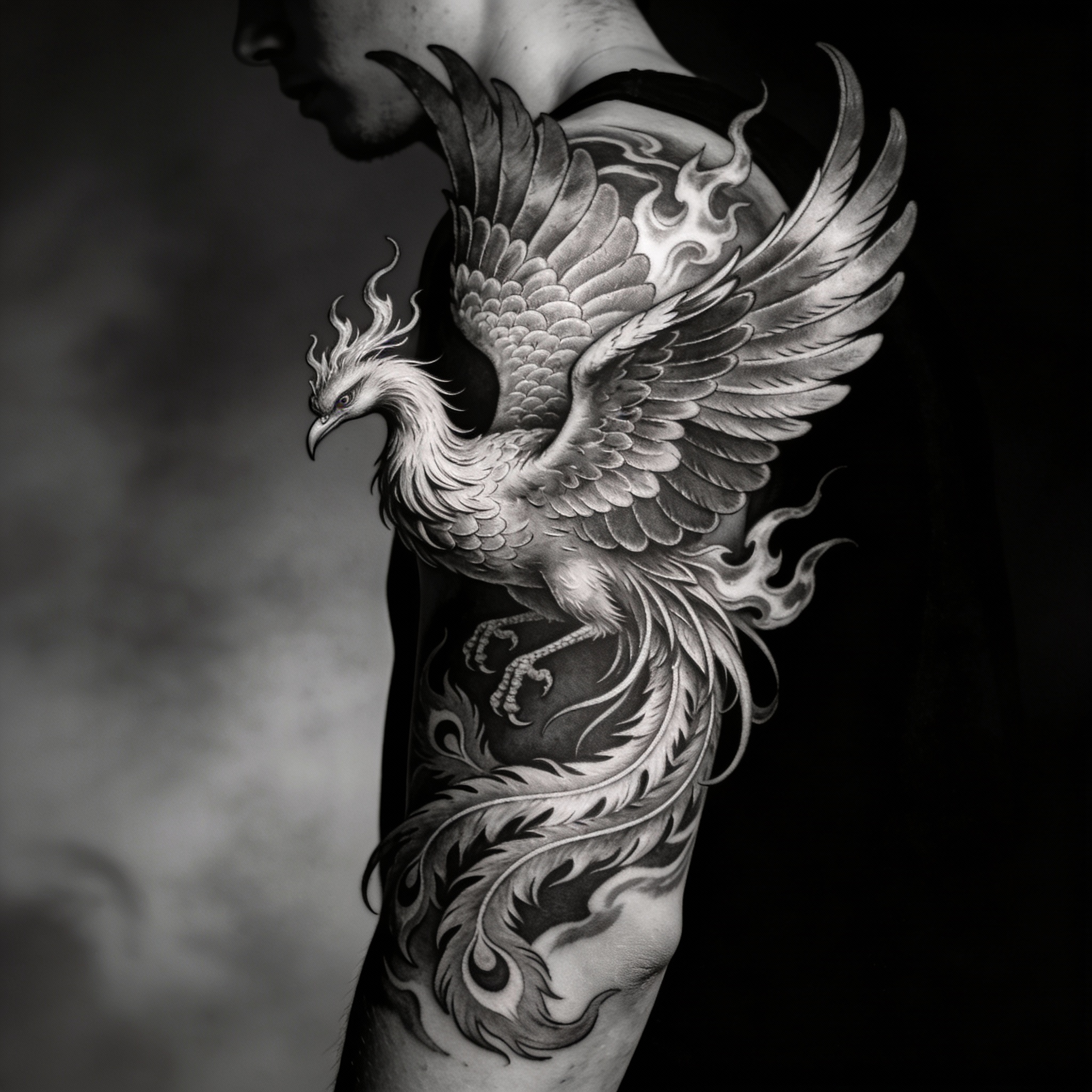 Japanese phoenix tattoo in black and grey realism style