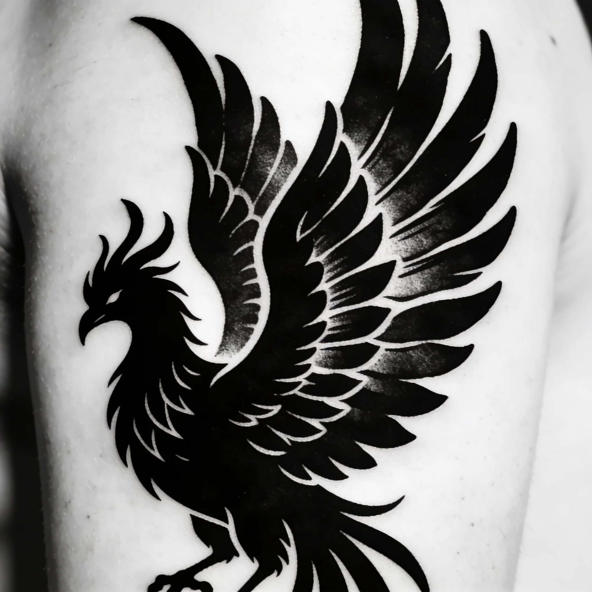Black phoenix tattoo in bold blackwork style