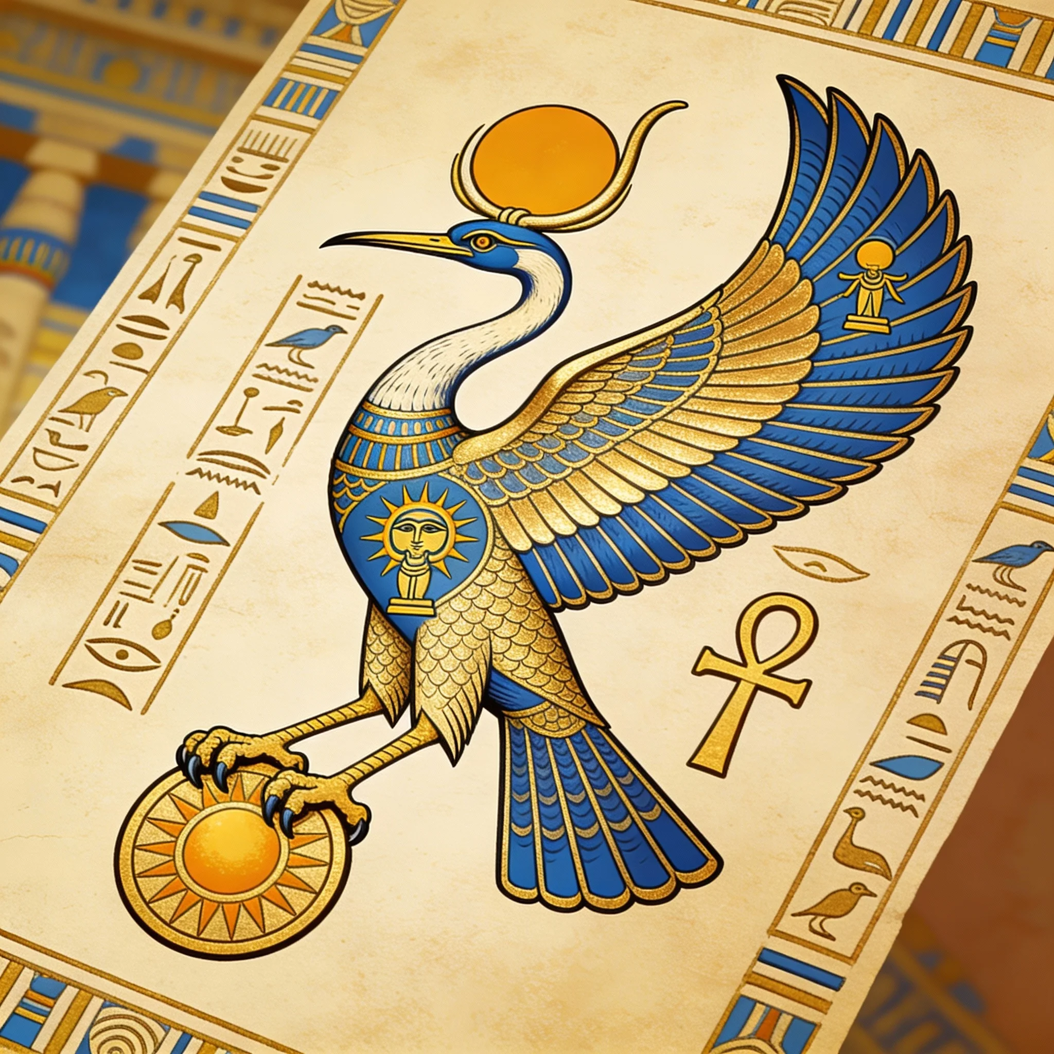 Egyptian Bennu bird tattoo design with sun god Ra symbolism