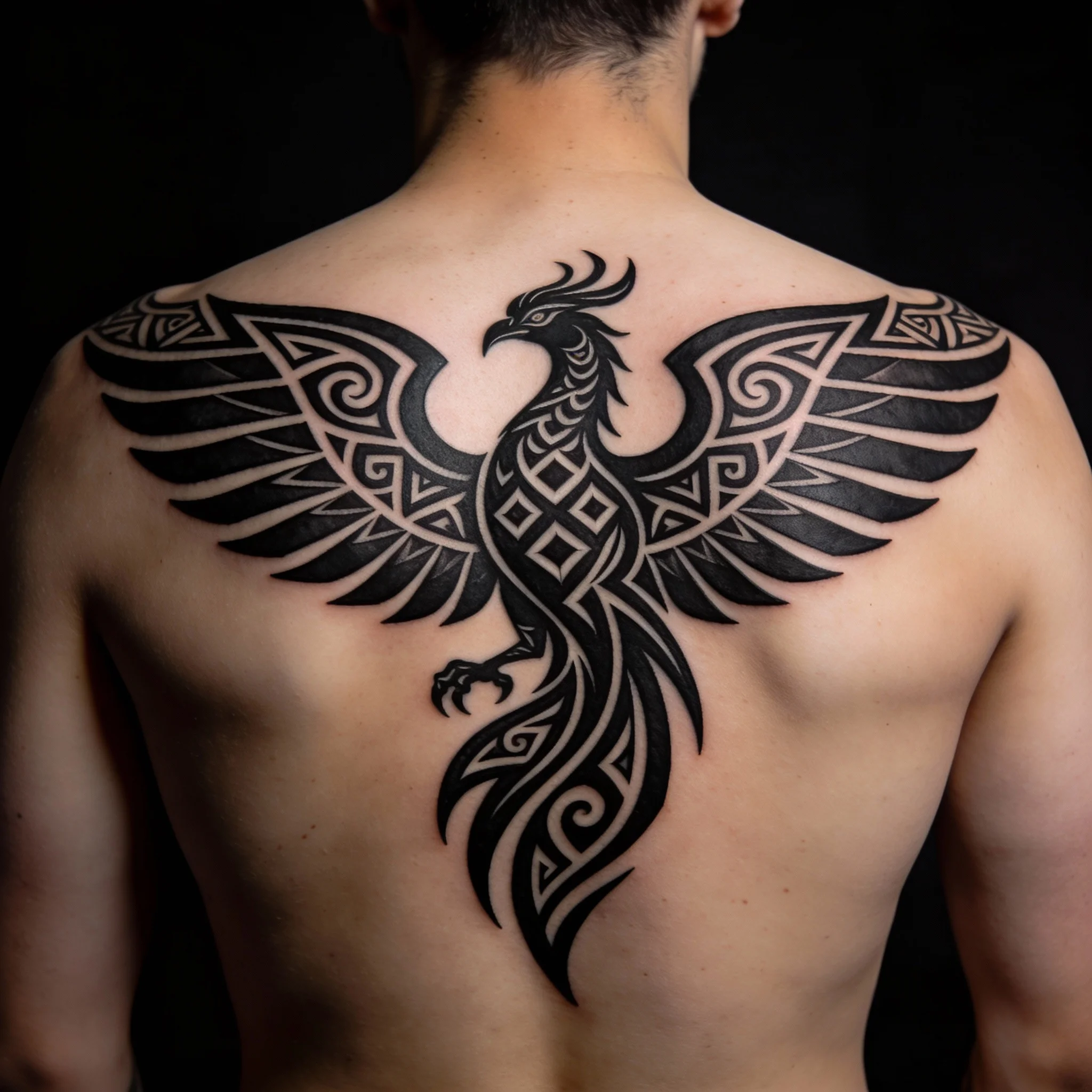 Tribal geometric phoenix tattoo with bold black patterns