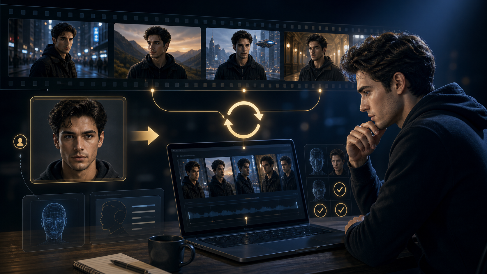 Seedance 2 character consistency workflow diagram: anchor image selection, first-frame locking, prompt carryover, and rerender loop for maintaining the same person across multiple video generations