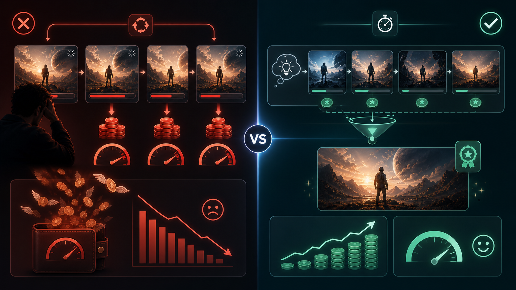 Workflow comparison: without draft workflow (3 expensive 1080p test runs + 1 final render = 896 credits) vs with draft workflow (3 cheap Fast 480p tests + 1 final 1080p render = 326 credits)