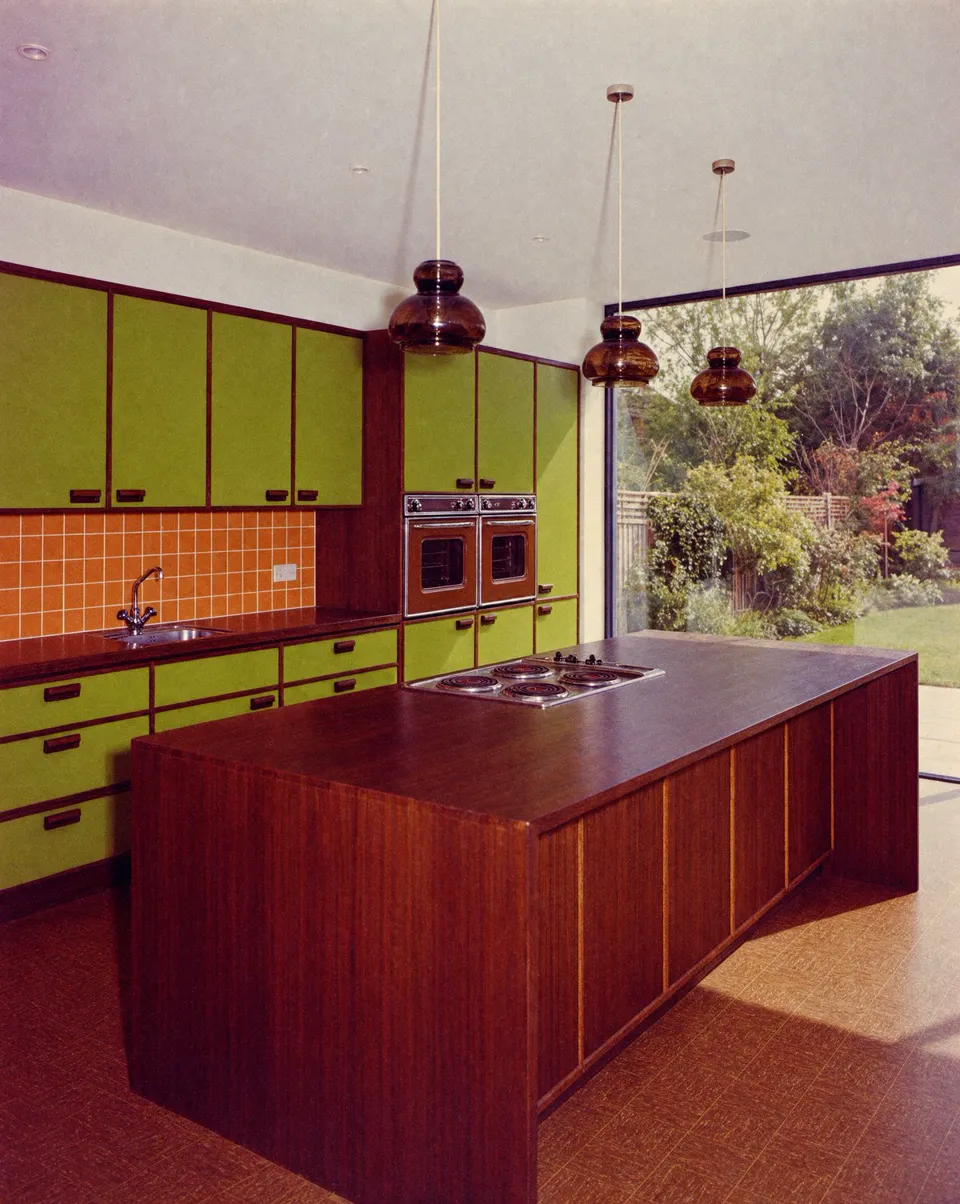 Edit of a modern kitchen restyled as a 1974 kitchen with avocado cabinets