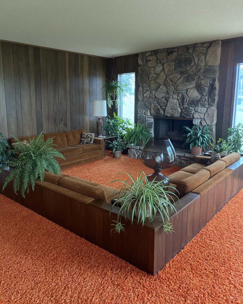 Restoration of a faded 1970s polaroid living room as a sharp modern photo