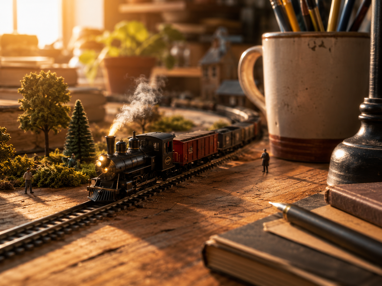 Desk miniature train Yeri AI prompt example