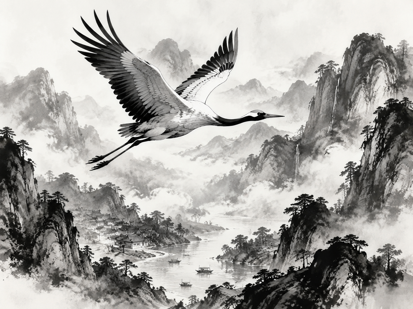 Ink crane landscape Yeri AI prompt example